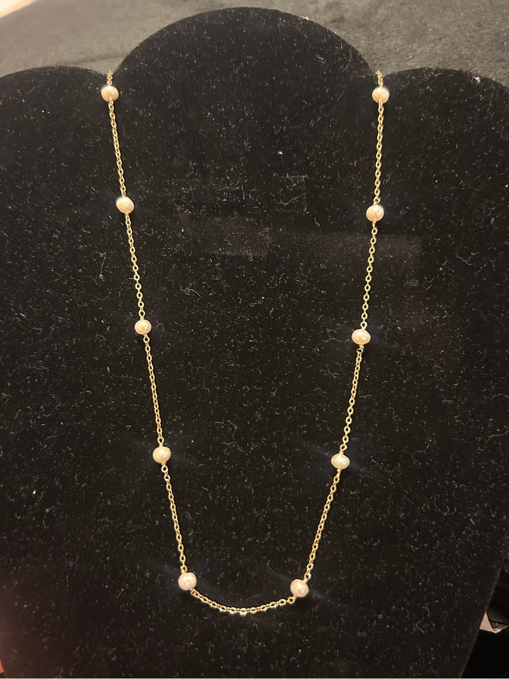 Gold Tone Faux Pearl Station Necklace Long Delicate Layering Jewelry